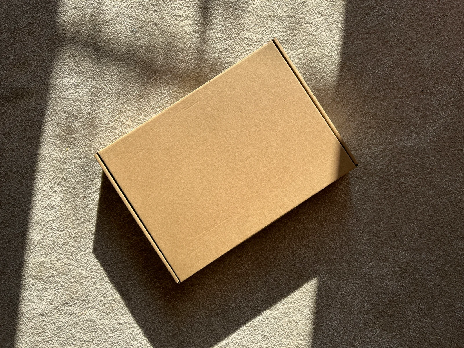 A cardboard shipping box resting on a carpeted floor, lit by diagonal beams of sunlight coming through a window.