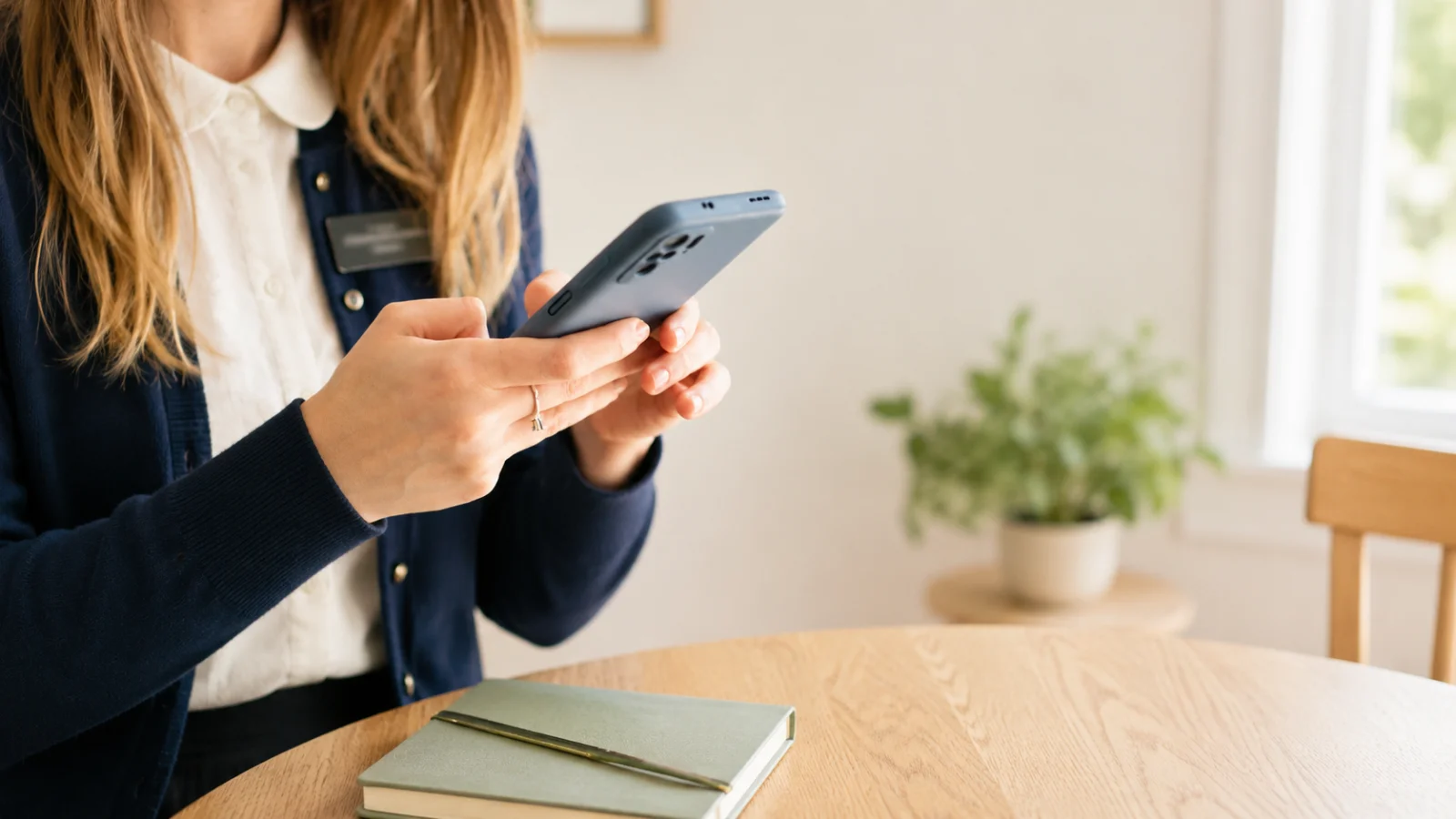 Close-up of a woman's hands holding a smartphone at a table, with a notebook and pen nearby and a plant visible in the background.