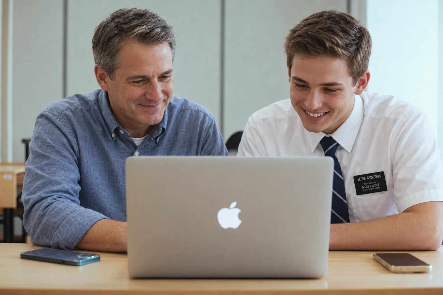 A man and a young man wearing a shirt and tie with a name badge, both smiling while looking at a laptop screen together at a table.